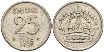 Швеция 25 эре 1959 TS, Густав VI Адольф (1950-1973) KM 824 серебро 4147-1066
