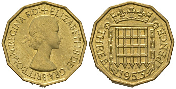 Великобритания 3 пенса 1953 Елизавета II (1952-2022) KM 886, Spink 4152 никель латунь UNC 4163-811