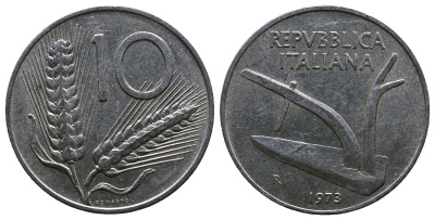 ИТАЛИЯ 10 ЛИР 1973 R, ПЛУГ, КОЛОСЬЯ KM 93 алюминий 4384-1113