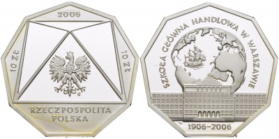 Польша 10 злотых 2006 MW, 100 лет Варшавской школы экономики, многоугольная Fischer K083 серебро PROOF 1084-7-21