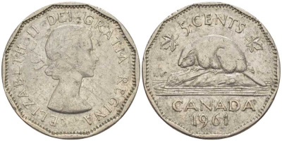 Канада 5 центов 1961 Елизавета II (1952-), бобр KM 50а никель 4606-1056