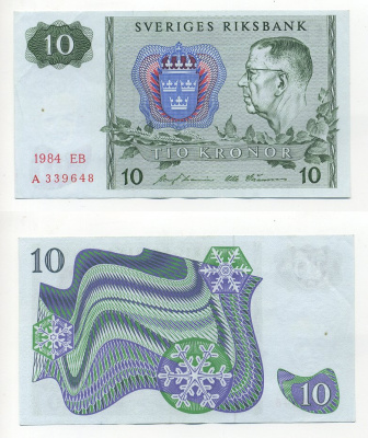 ШВЕЦИЯ 10 КРОН 1984 СЕРИЯ EB Pick 52e бумага 7203-75-3