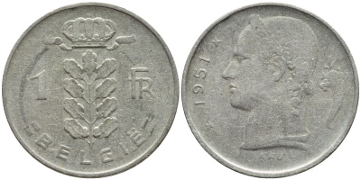 БЕЛЬГИЯ 1 ФРАНК 1951 BELGIE KM 143.1 медно-никель 4395-436