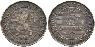 Бельгия 5 сантимов 1901 Belgen KM 45 медно-никель 188-1146