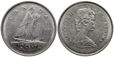 Канада 10 центов 1986 Елизавета II (1952-2022), парусник KM 77.2 никель 4549-415