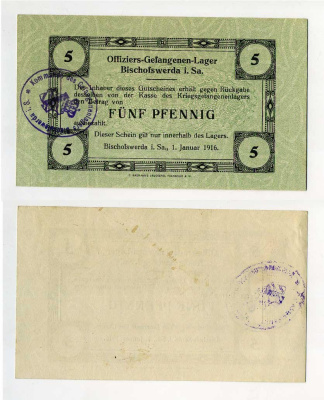 Германия 5 пфеннигов 1916 Бишофсверда в Саксонии, лагерь военнопленных офицеров и тюрьмы, в нагрузку C-2752 бумага UNC (пресс) 000-00-00