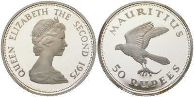 Маврикий 50 рупий 1975 Охрана окружающей среды - Маврикийская пустельга KM 41a серебро PROOF 00-00