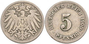 ГЕРМАНИЯ 5 ПФЕННИГОВ 1900 A, KM 11, J. 12 медно-никель 73-164