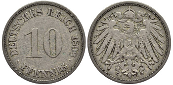 Германия 10 пфеннигов 1898 F KM 12, Jager 13, Weege 8 медно-никель 219-314
