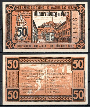 Бланкенбург-ам-Гарц (Брауншвейг) 50 пфеннигов 1920 Mehl Grabowski 114.1-5/5 бумага UNC (пресс) 7556-58-3-1