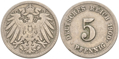 ГЕРМАНИЯ 5 ПФЕННИГОВ 1900 A, KM 11, J. 12 медно-никель 73-164