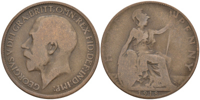 Великобритания 1/2 пенни 1918 Георг V (1910-1936) KM 809, Spink 4056 бронза 4561-522