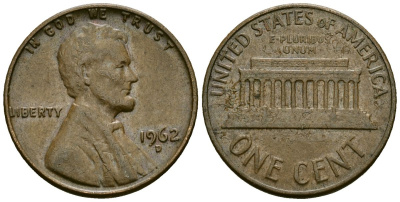 США 1 цент 1962 D KM 201 медь цинк 4136-957
