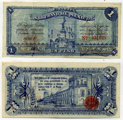 МЕКСИКА 1 ПЕСО 1915 SOBERANO DE MEXICO, СЕРИЯ F Pick S881 бумага UNC (ПРЕСС) 8589-56-1-1