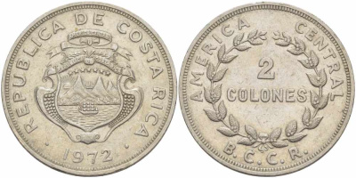 Коста-Рика 2 колона 1972 v, В.С.С.R., парусник KM 187.2 медно-никель 37-514