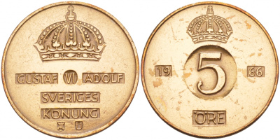 Швеция 5 эре 1966 U Густав VI Адольф (1950-1973) KM 822 бронза 4548-422