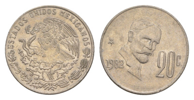 Мексика 20 сентаво 1982 Франциско Индалеси KM 442 медно-никель 4655-1052
