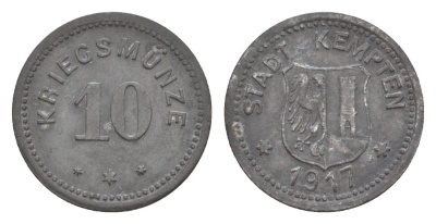 Кемптен 10 пфеннигов 1917 Funck 242.1, Men18 16228.1 цинк 4547-542