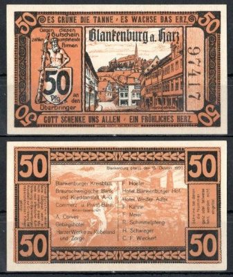 Бланкенбург-ам-Гарц (Брауншвейг) 50 пфеннигов 1920 Mehl Grabowski 114.1-5/5 бумага UNC (пресс) 7556-58-3-1