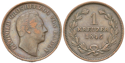 Баден 1 крейцер 1845 Леопольд I (1830-1852) KM 218.1, ASK 107 медь 4615-132