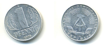ГДР 1 ПФЕННИГ 1975 A KM 8.1 алюминий 4379-215