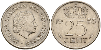 Нидерланды 25 центов 1955 Юлиана (1949-1980) KM 183 никель    4598-349