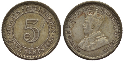 Стрейтс-Сетлментс 5 центов 1926 Георг V (1910-1936) КМ 36 серебро 53-543