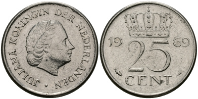 Нидерланды 25 центов 1969 Юлиана (1948-1980) KM 183 никель 96-213