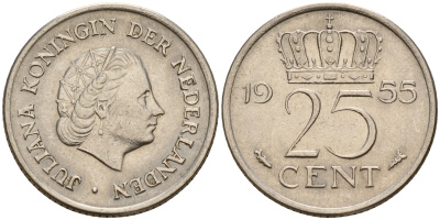 Нидерланды 25 центов 1955 Юлиана (1949-1980) KM 183 никель    4598-349