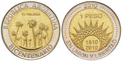 Аргентина 1 песо 2010 200 лет Аргентине - парк Эль-Палмар KM 156 биметалл UNC 4620-644