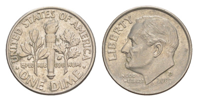 США 1 дайм (10 центов) 2007 D, президент Рузвельт KM 195a медь плакированная медно-никелем 4649-1265