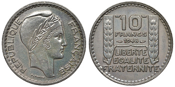 Франция 10 франков 1948 тип Пьер Турин KM 909.1, Le Franc 362.3 медно-никель 4123-543