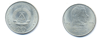 ГДР 20 марок 1972 А, Фридрих Шиллер (1759-1805) KM 40 медно-никель 3333-646