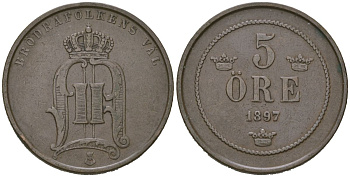 Швеция 5 эре 1897 Оскар II (1872-1907) KM 757 бронза 4171-736