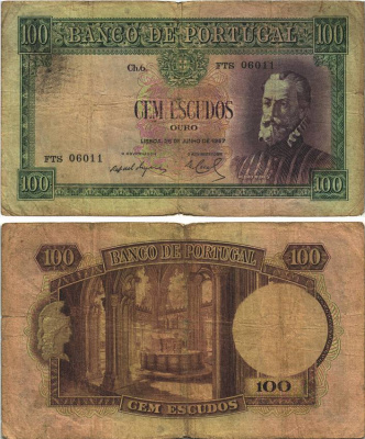 ПОРТУГАЛИЯ 100 ЭСКУДО 1957 25 ИЮНЯ 1957, ПЕДРО НУНЬЕС Pick 159 бумага F 8606-31-1-2