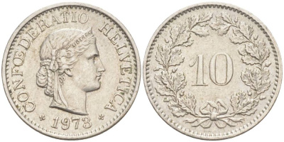 Швейцария 10 раппенов 1973 KM 27 медно-никель 55-446