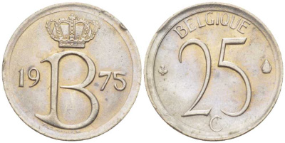 БЕЛЬГИЯ 25 САНТИМОВ 1975 BELGIQUE, БОДУЭН I (1951-1993) KM 153.1 медно-никель 214-443
