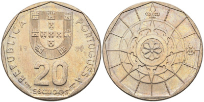 Португалия 20 эскудо 1989 KM 634.1 медно-никель 4571-1245