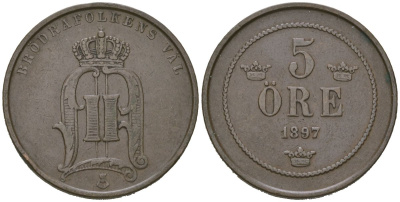 Швеция 5 эре 1897 Оскар II (1872-1907) KM 757 бронза 4171-736