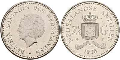 Нидерландские Антилы 2 1/2 гульдена 1980 Беатрикс (1980-2013) KM 19 никель UNC 4179-333