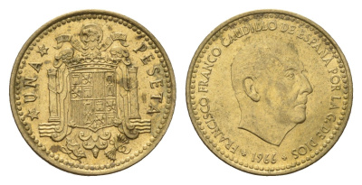 Испания 1 песета 1966 (70) Франсиско Франко (1939-1975) KM 796 алюминиевая бронза 4708-417