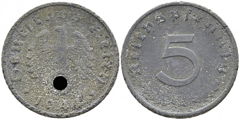 ГЕРМАНИЯ 5 РЕЙХСПФЕННИГОВ 1941 A, KM 100, J. 370 цинк 112-463
