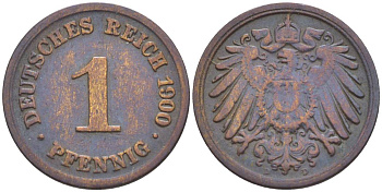 ГЕРМАНИЯ 1 ПФЕННИГ 1900 D KM 10, Jager. 10, Weege 2 медь 4528-1163