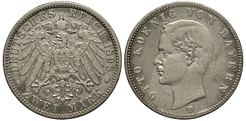 Бавария 2 марки 1898 D, Отто (1886-1913) Weege 44, J. 45, KM 511.1 серебро 413-5813