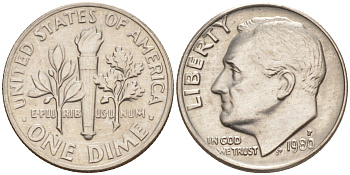 США 10 центов = дайм 1980 P, Рузвельт KM 195a медь плакированная медно-никелем 187-1055