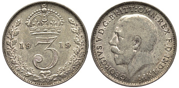 Великобритания 3 пенса 1919 Георг V (1910-1936) KM 813, Spink 4015 серебро 4528-469