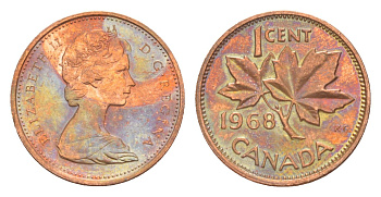 Канада 1 цент 1968 Елизавета II (1952-2022), кленовый лист KM 59 бронза 4639-331