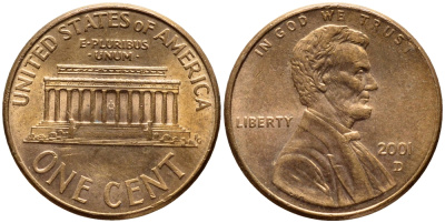 США 1 ЦЕНТ 2001 D, ЛИНКОЛЬН KM 201b цинк плакированный медью 4396-463