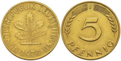 ФРГ 5 ПФЕННИГОВ 1970 J KM 107, J. 382 сталь плакированная латунью 4396-1634