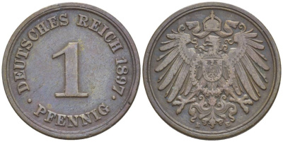 Германия 1 пфенниг 1897 E KM 10, J. 10, Weege 2 медь 4528-1145